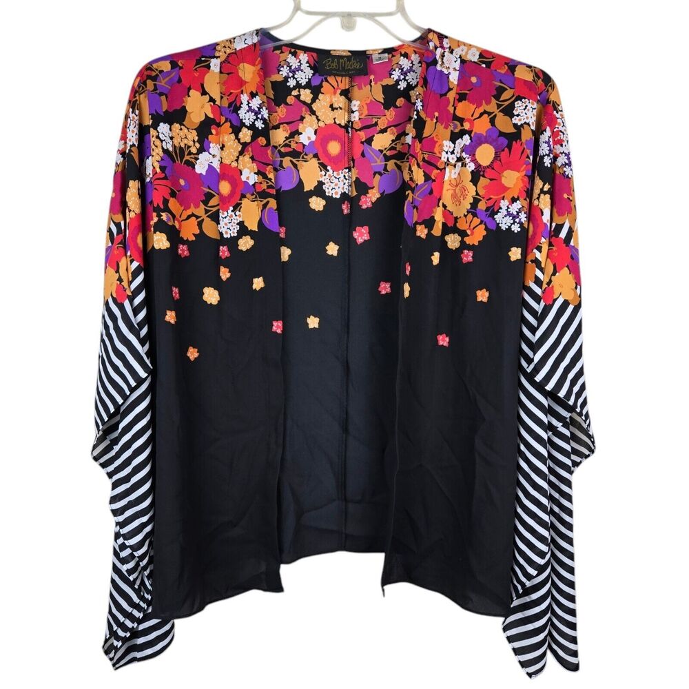 Bob Mackie Kaftan Kimono Top Open Front Sz M Floral Striped Chiffon